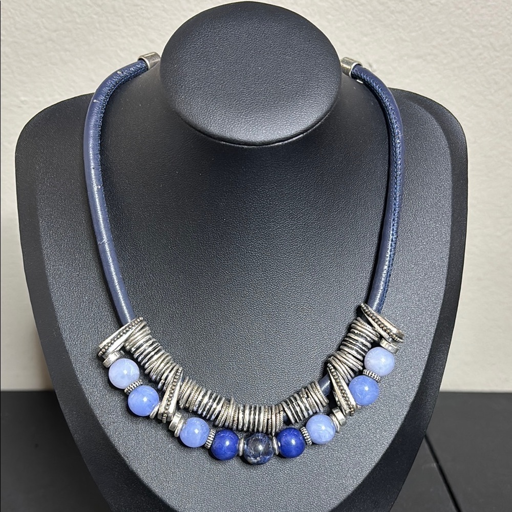 Chico’s Blue Silver Slider Casual Office Necklace Cord Beaded Boho